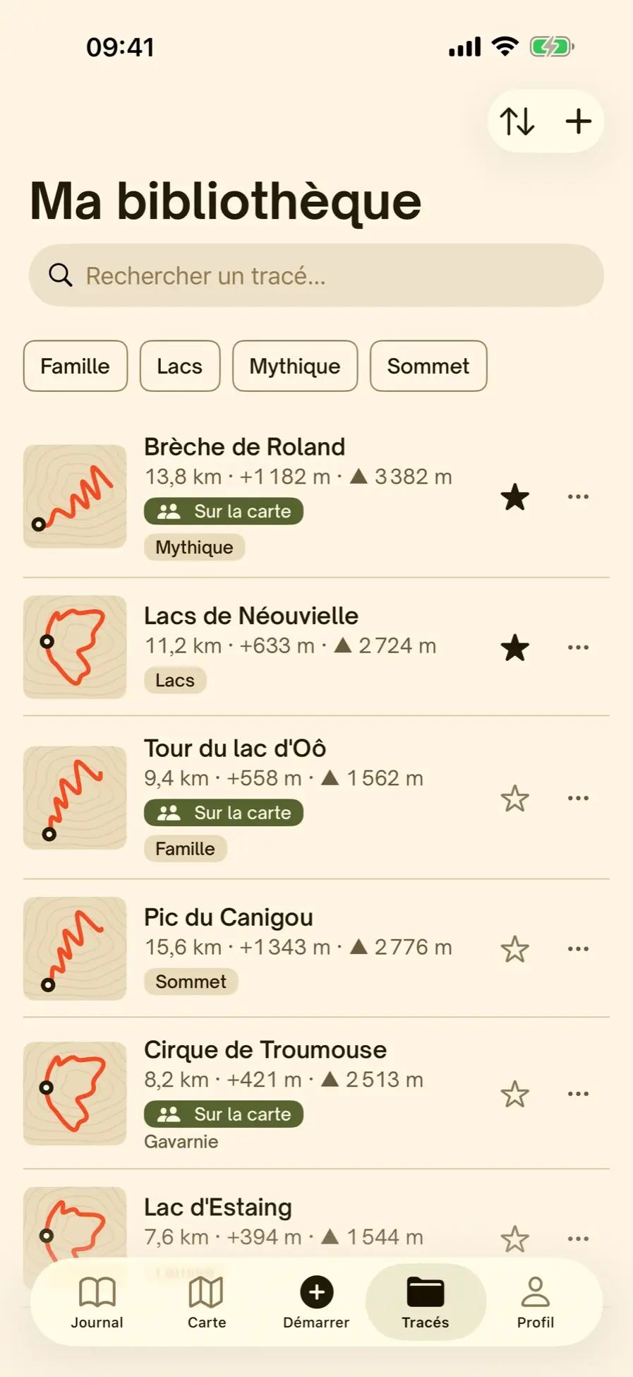 La bibliothèque de tracés GPX, avec tags et badge Sur la carte