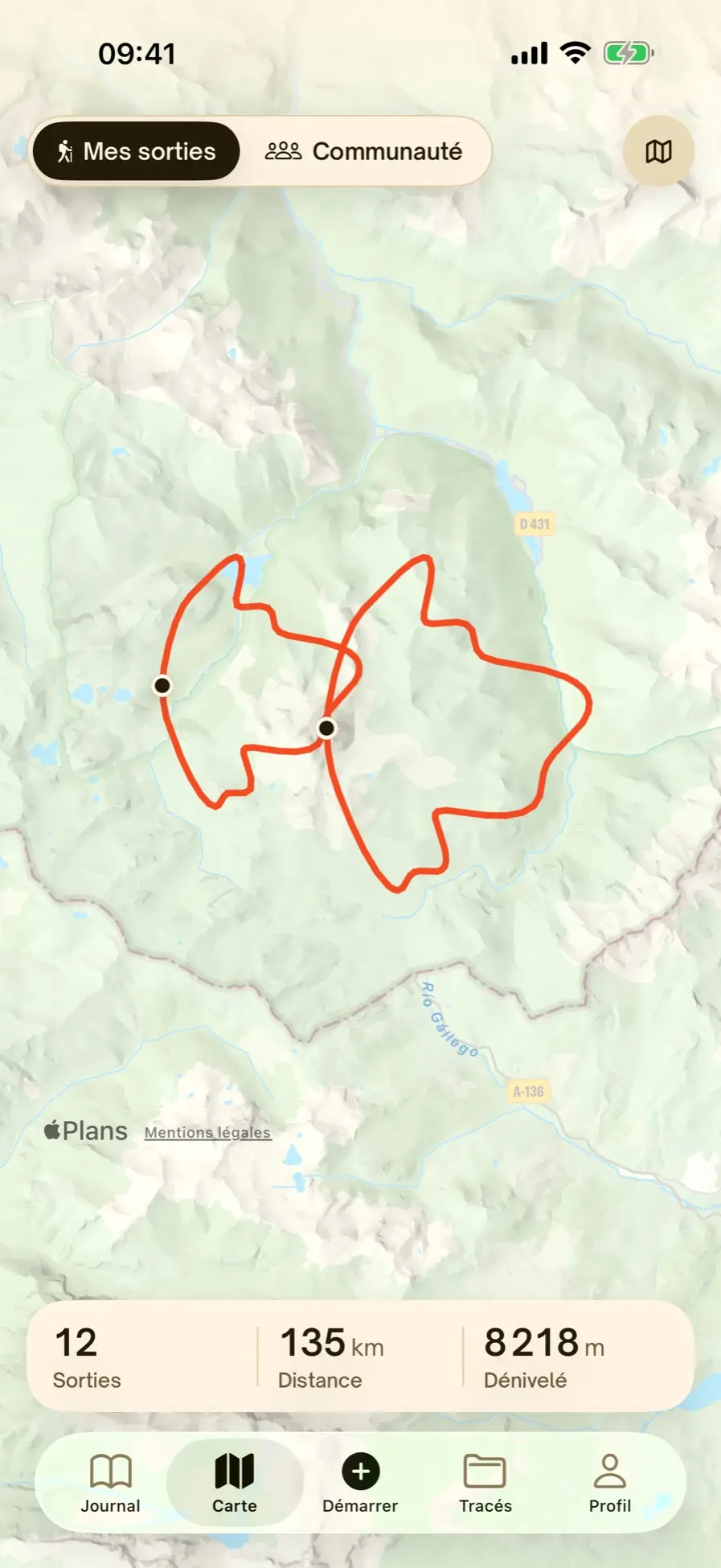 La carte de mes sorties, avec leurs tracés et le total de distance et de dénivelé
