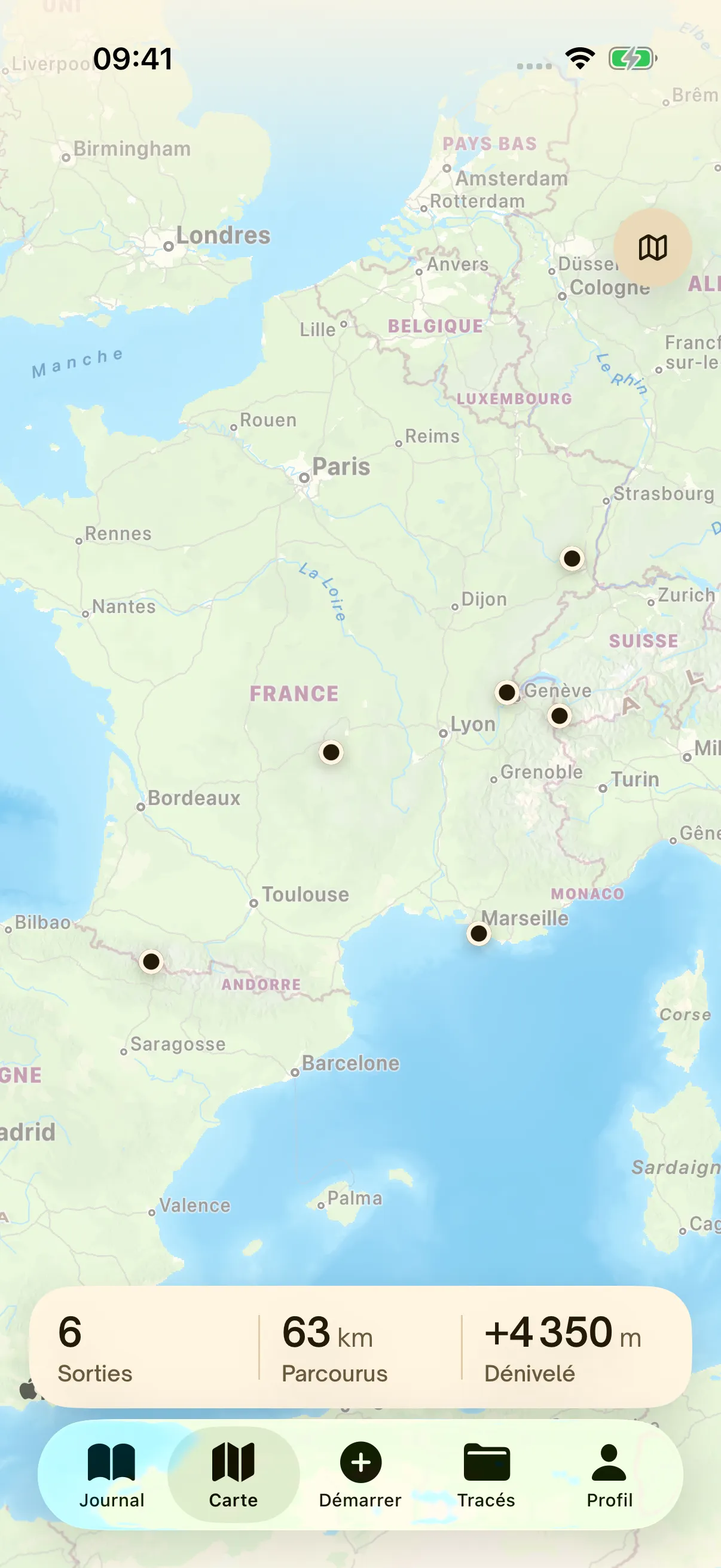 La carte de Hikez avec les points de départ des sorties