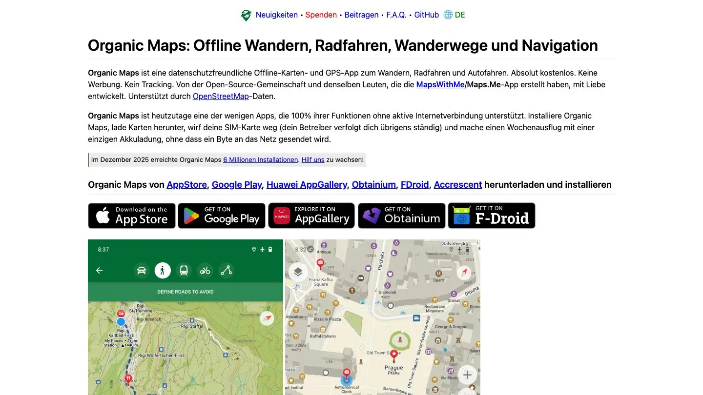 Startseite von Organic Maps