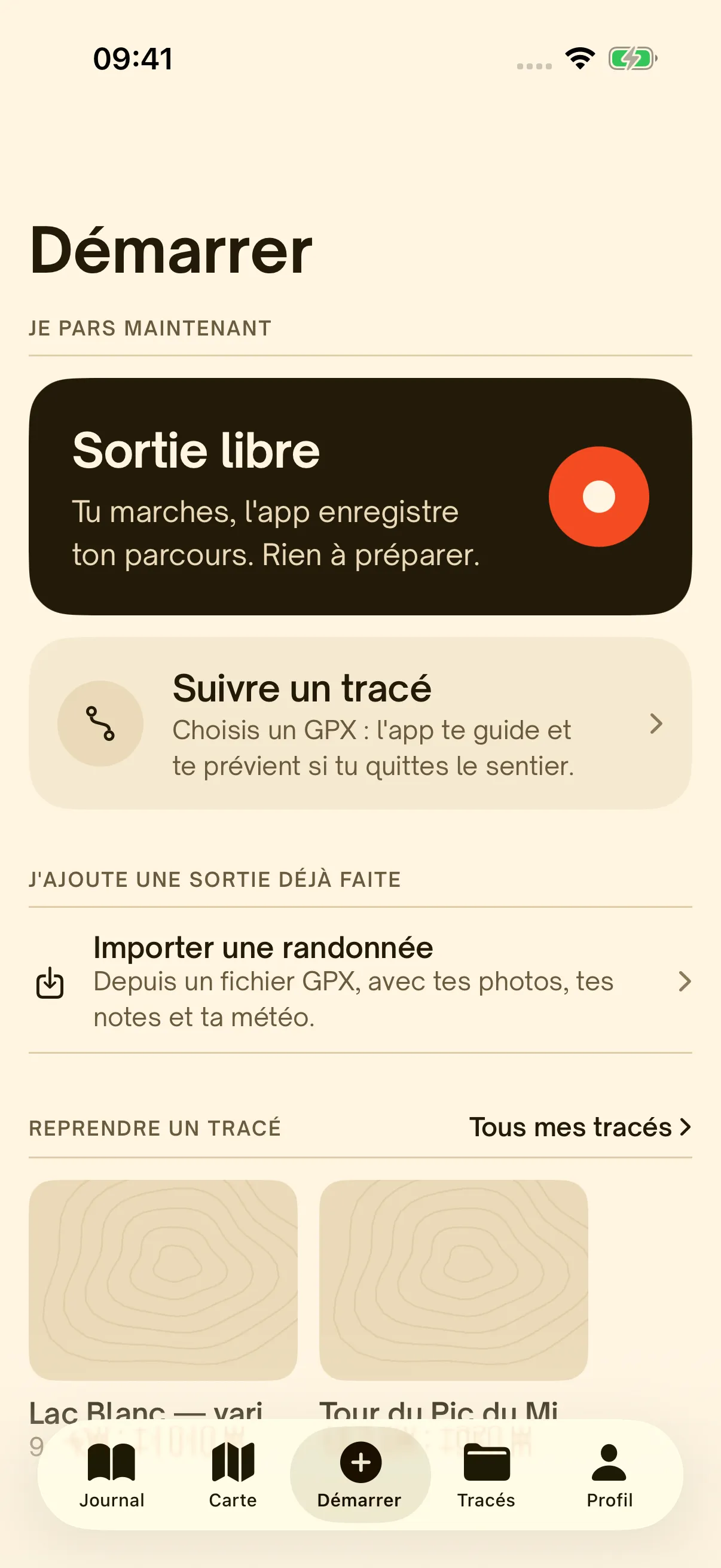 L'écran Démarrer : sortie libre ou suivre un tracé GPX