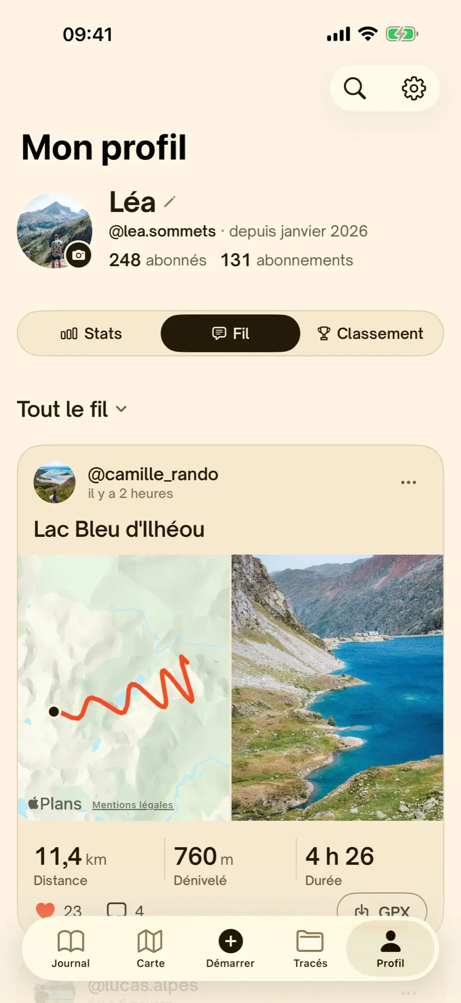 Le fil de la communauté : une sortie publiée avec son tracé, sa photo et ses chiffres