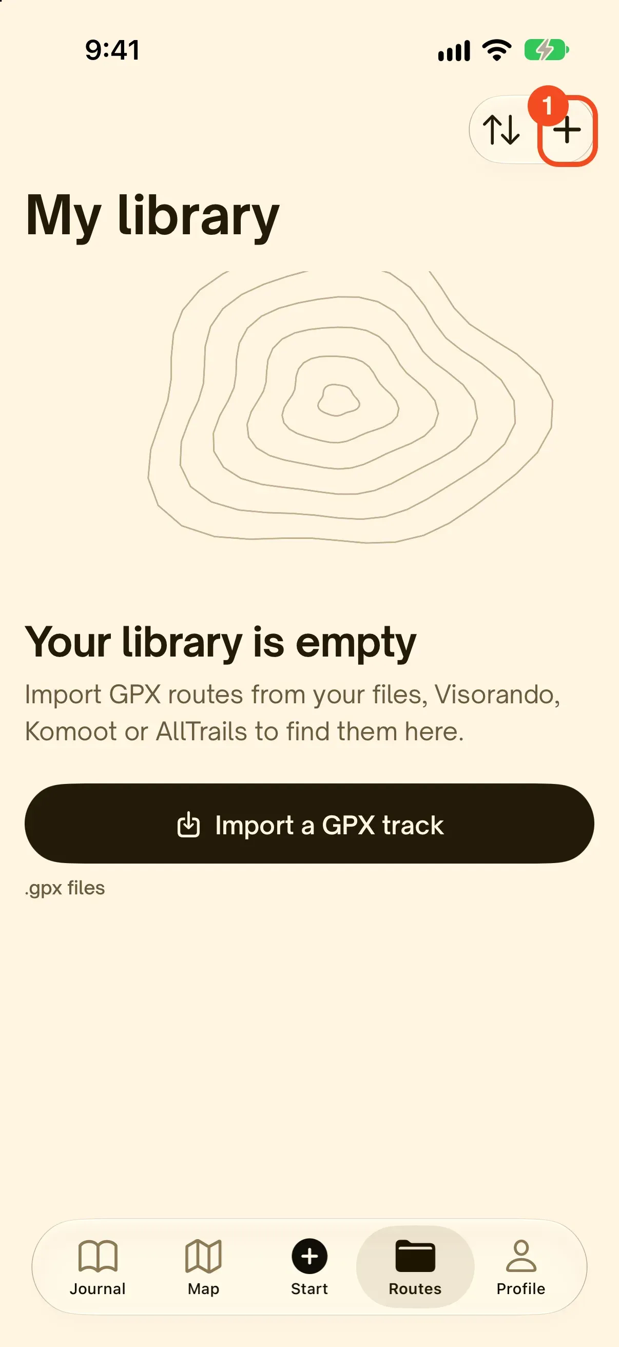 The Routes tab in Hikez with an empty library and the + button at the top right circled