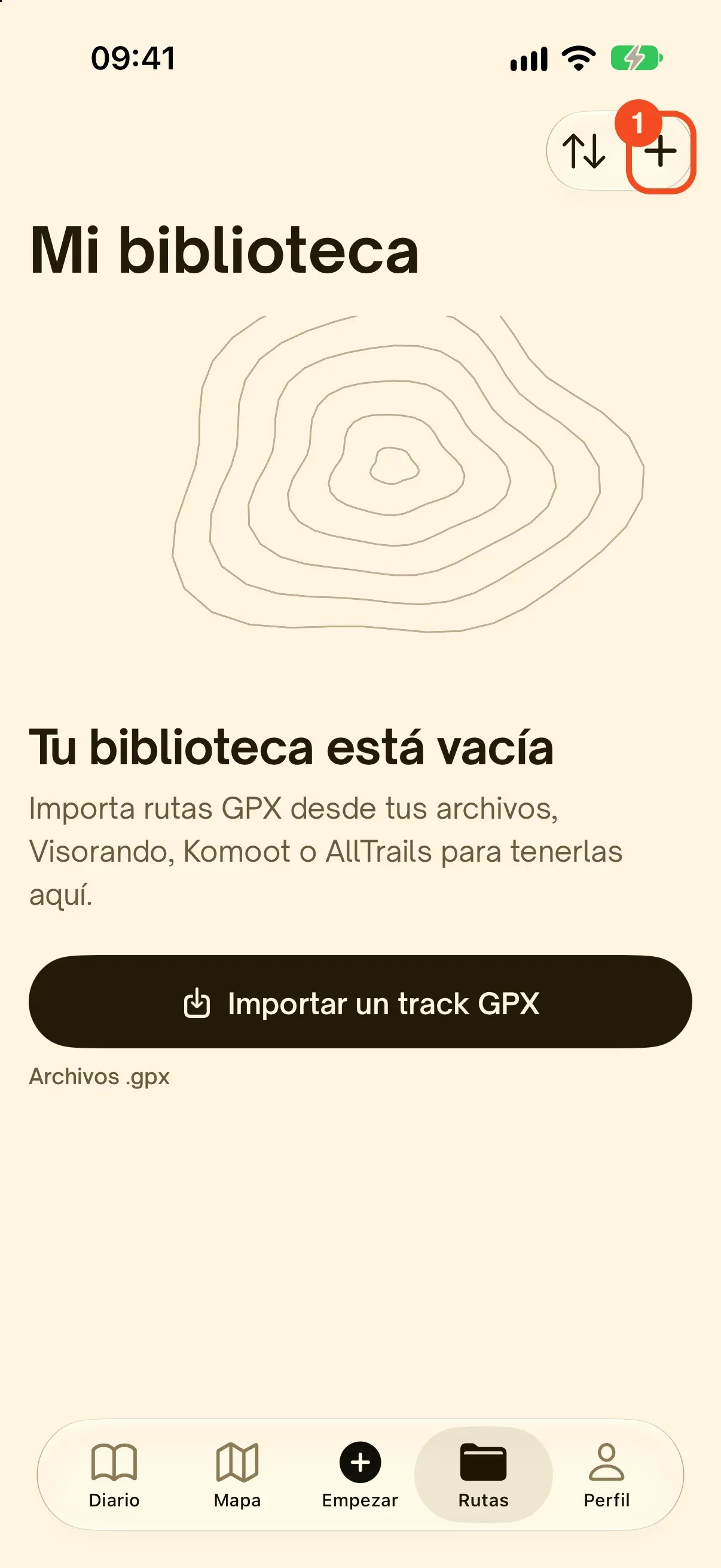 La pestaña Rutas de Hikez con la biblioteca vacía y el botón + de arriba a la derecha rodeado