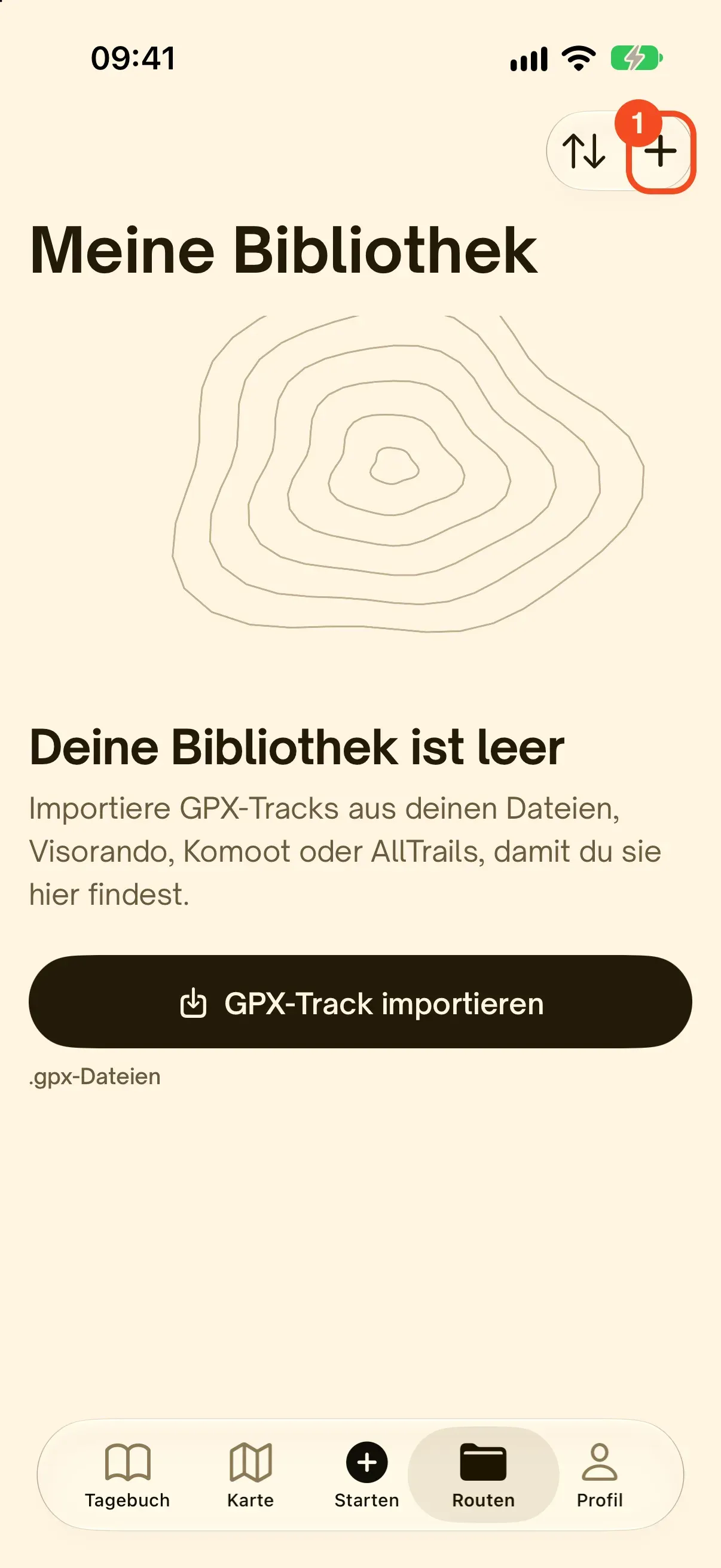 Der Tab Routen in Hikez mit leerer Bibliothek und dem umkreisten +-Knopf oben rechts