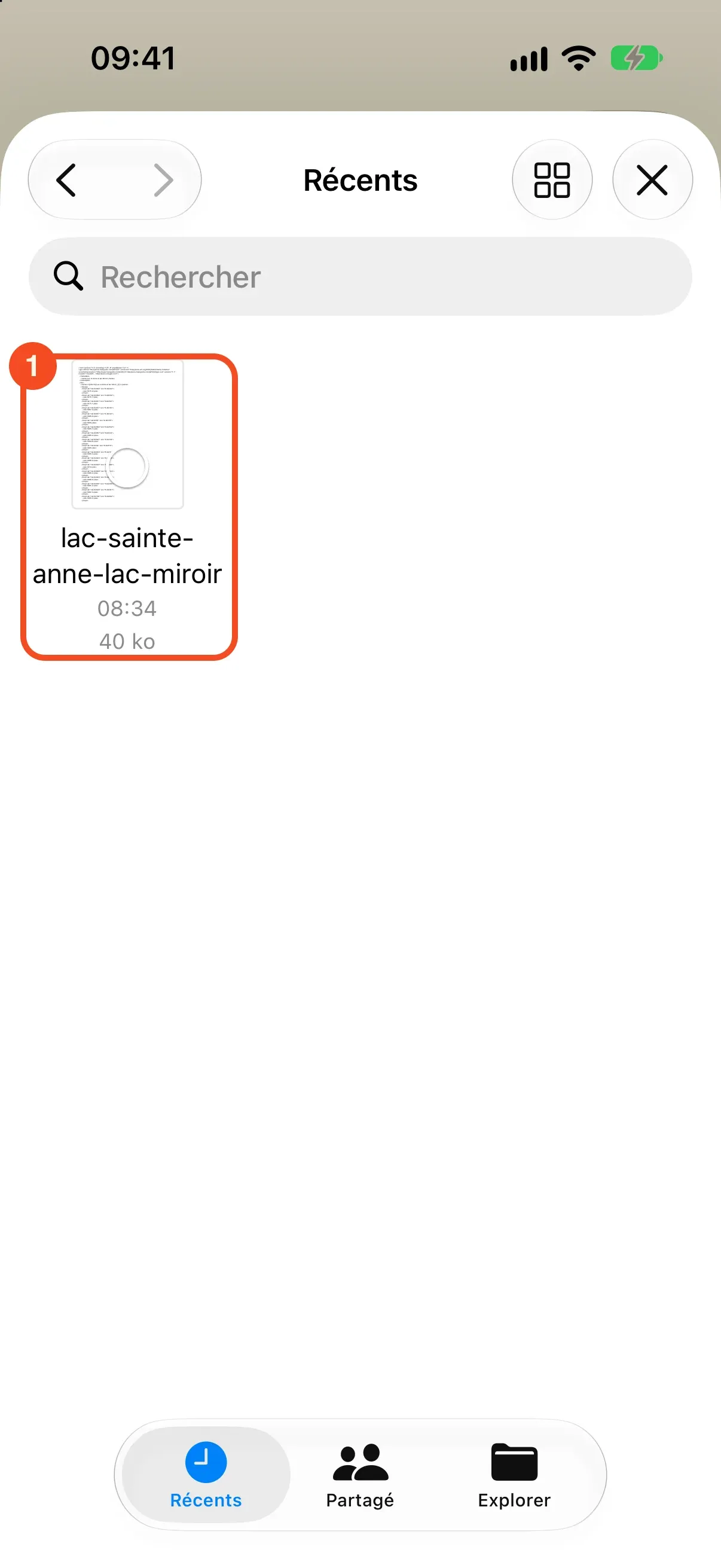 Le sélecteur de fichiers de l’iPhone, onglet Récents, avec le fichier GPX entouré