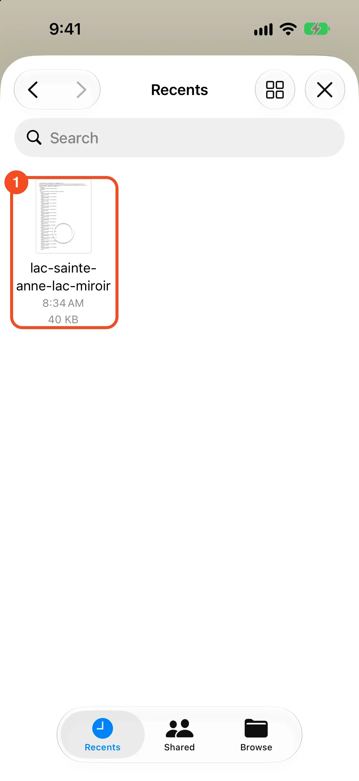 The iPhone file picker on the Recents tab with the GPX file circled