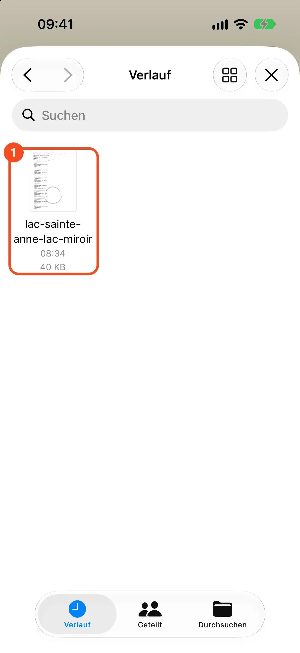 Die Dateiauswahl des iPhones im Verlauf mit der umkreisten GPX-Datei