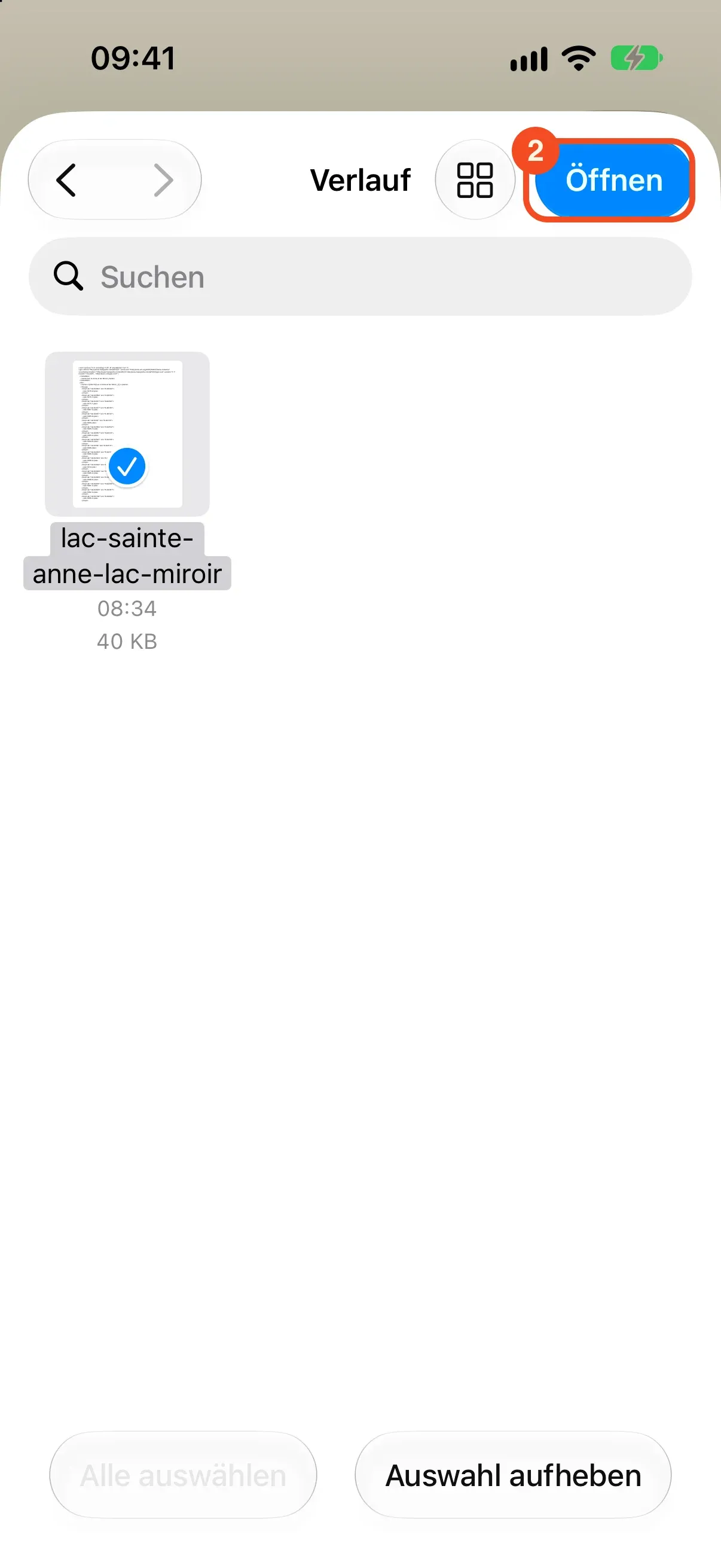 Die ausgewählte GPX-Datei in der Dateiauswahl, der Knopf Öffnen oben rechts ist umkreist