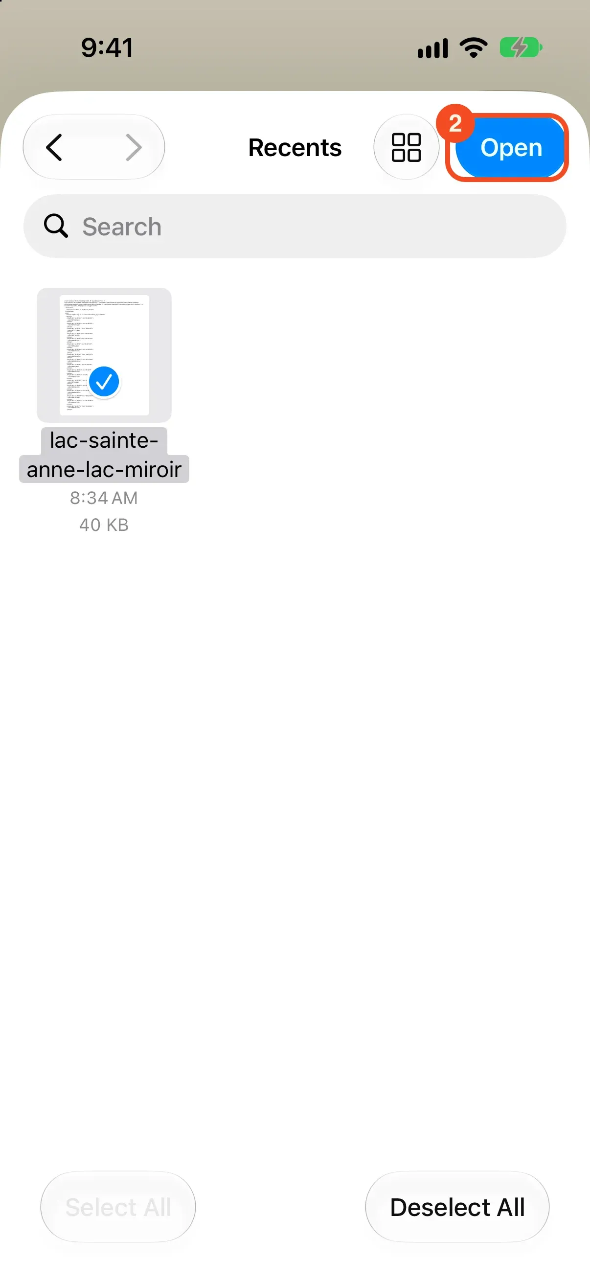 The GPX file selected in the picker, with the Open button at the top right circled
