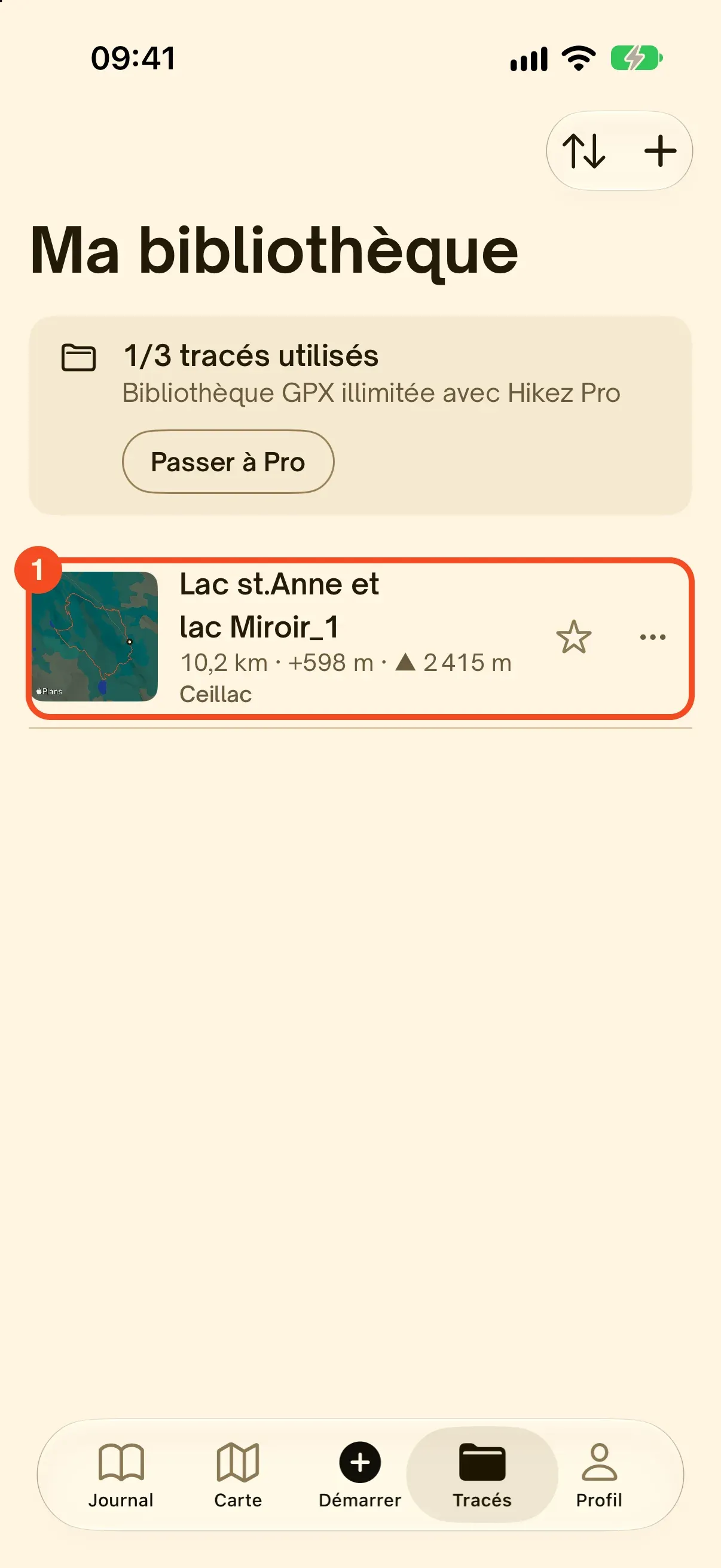 La bibliothèque de Hikez avec le tracé importé : 10,2 km, +598 m, altitude max 2 415 m
