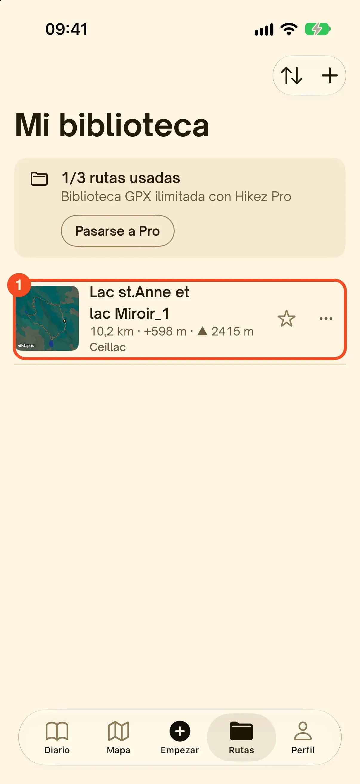 La biblioteca de Hikez con la ruta importada: 10,2 km, +598 m, altitud máxima 2415 m
