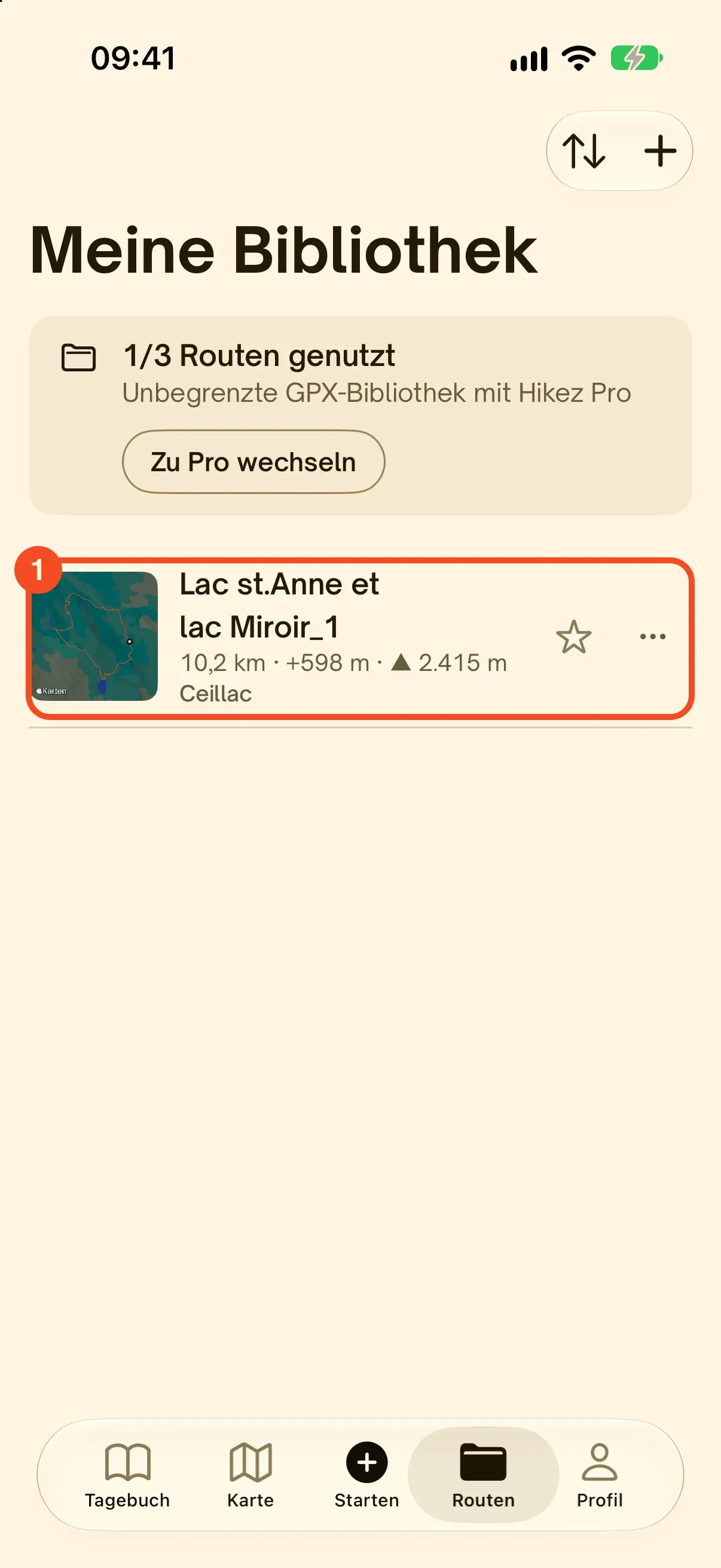 Die Hikez-Bibliothek mit der importierten Route: 10,2 km, +598 m, maximale Höhe 2.415 m
