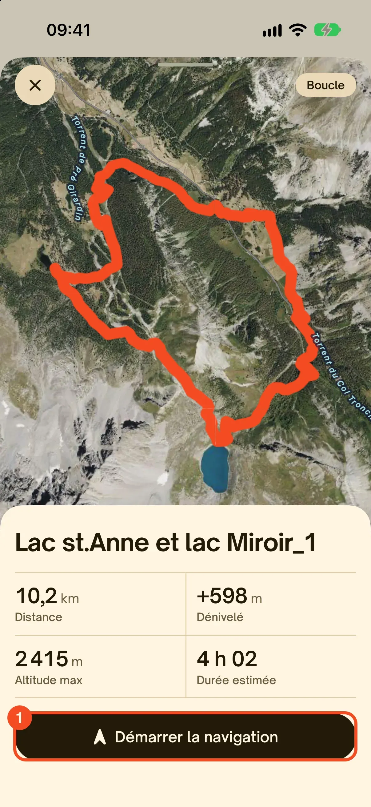 Le tracé sur la vue satellite avec ses chiffres et le bouton Démarrer la navigation entouré