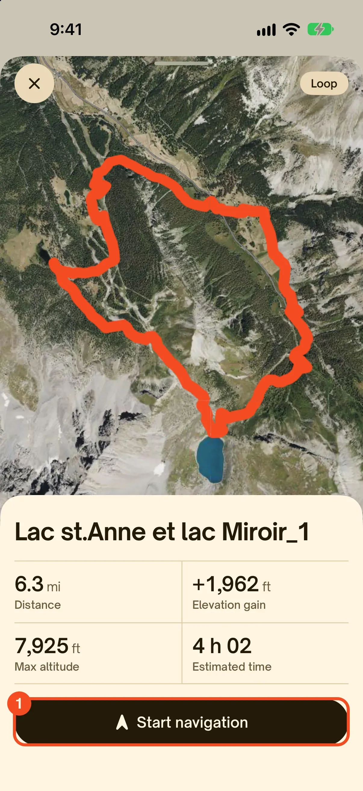 The route on the satellite view with its figures and the Start navigation button circled