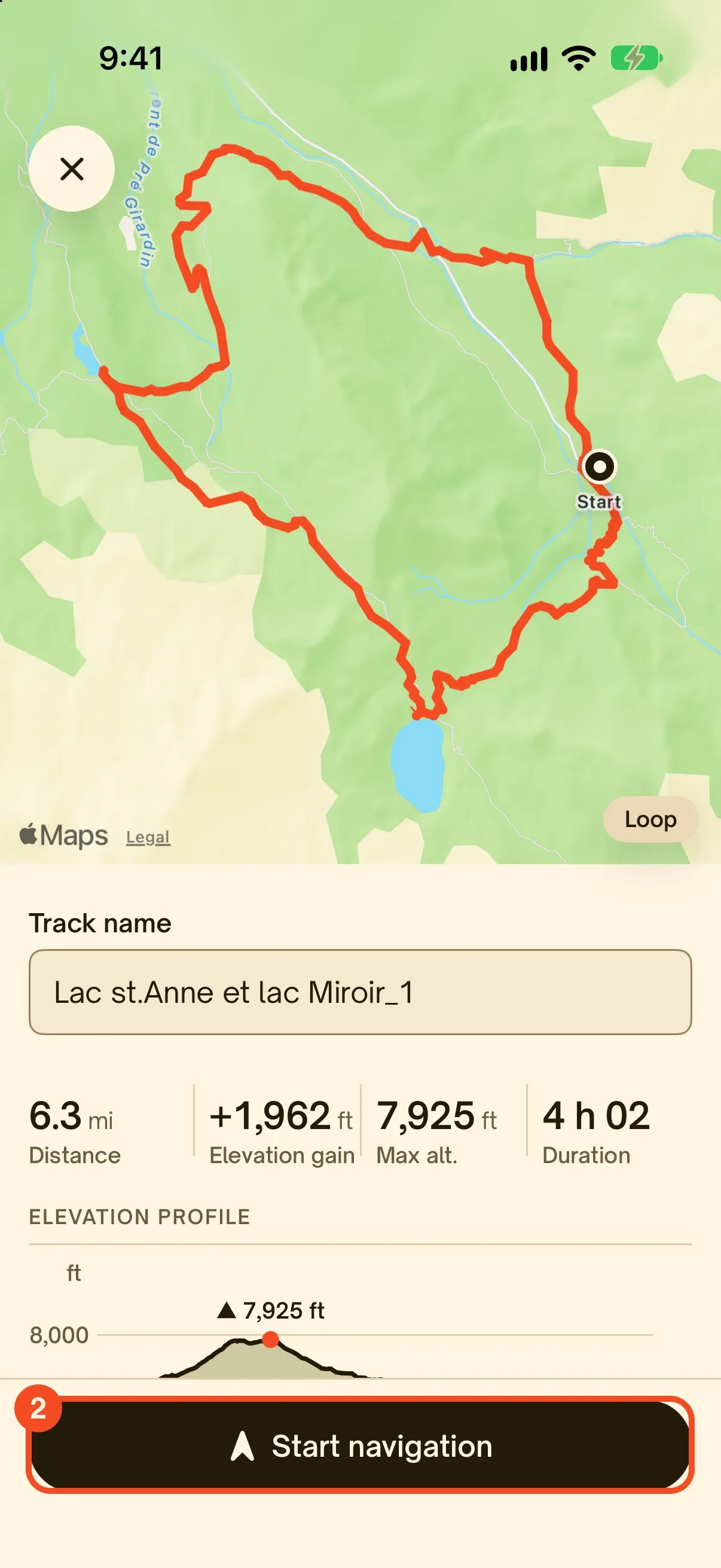 The navigation screen with the route name, figures, elevation profile and the Start navigation button circled