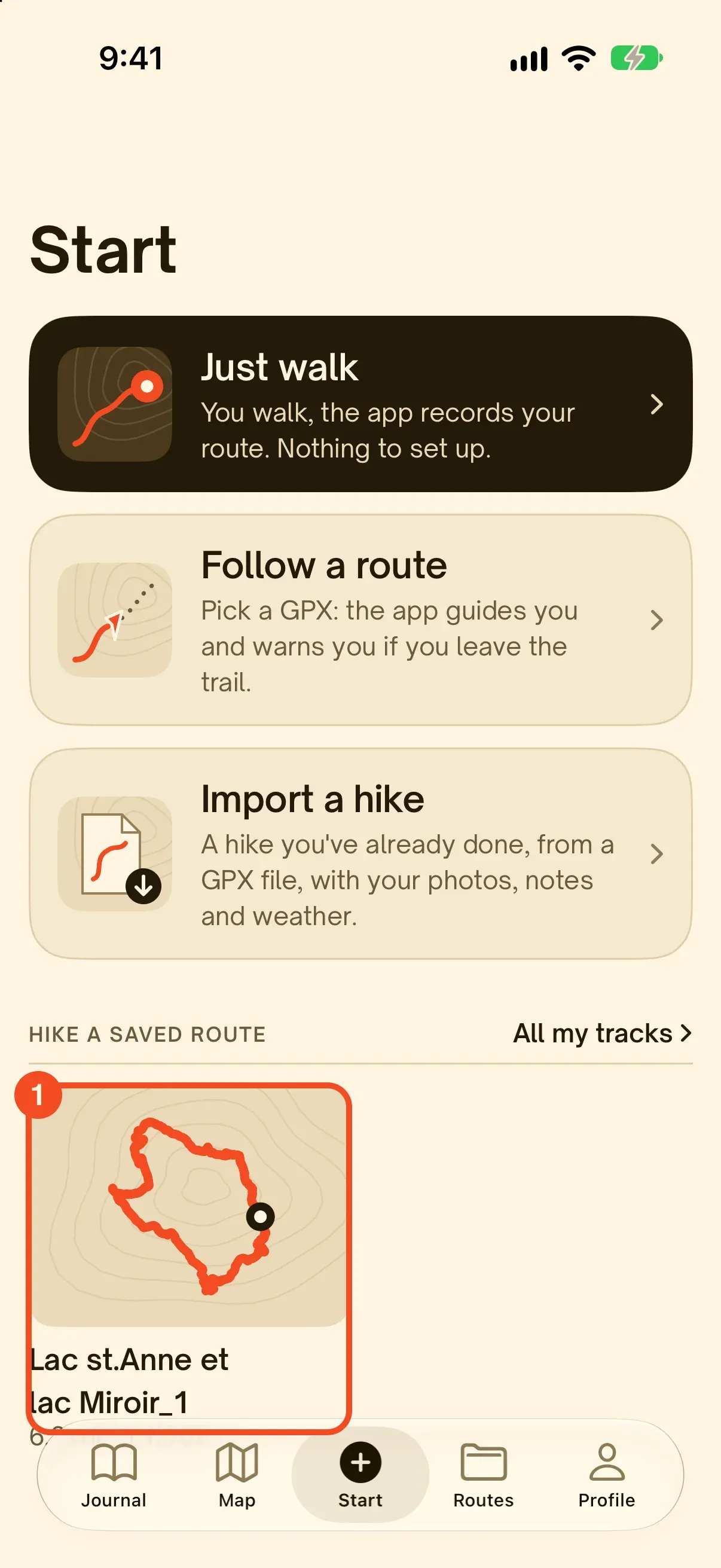 The Start tab in Hikez with the Hike a saved route section and the imported route circled