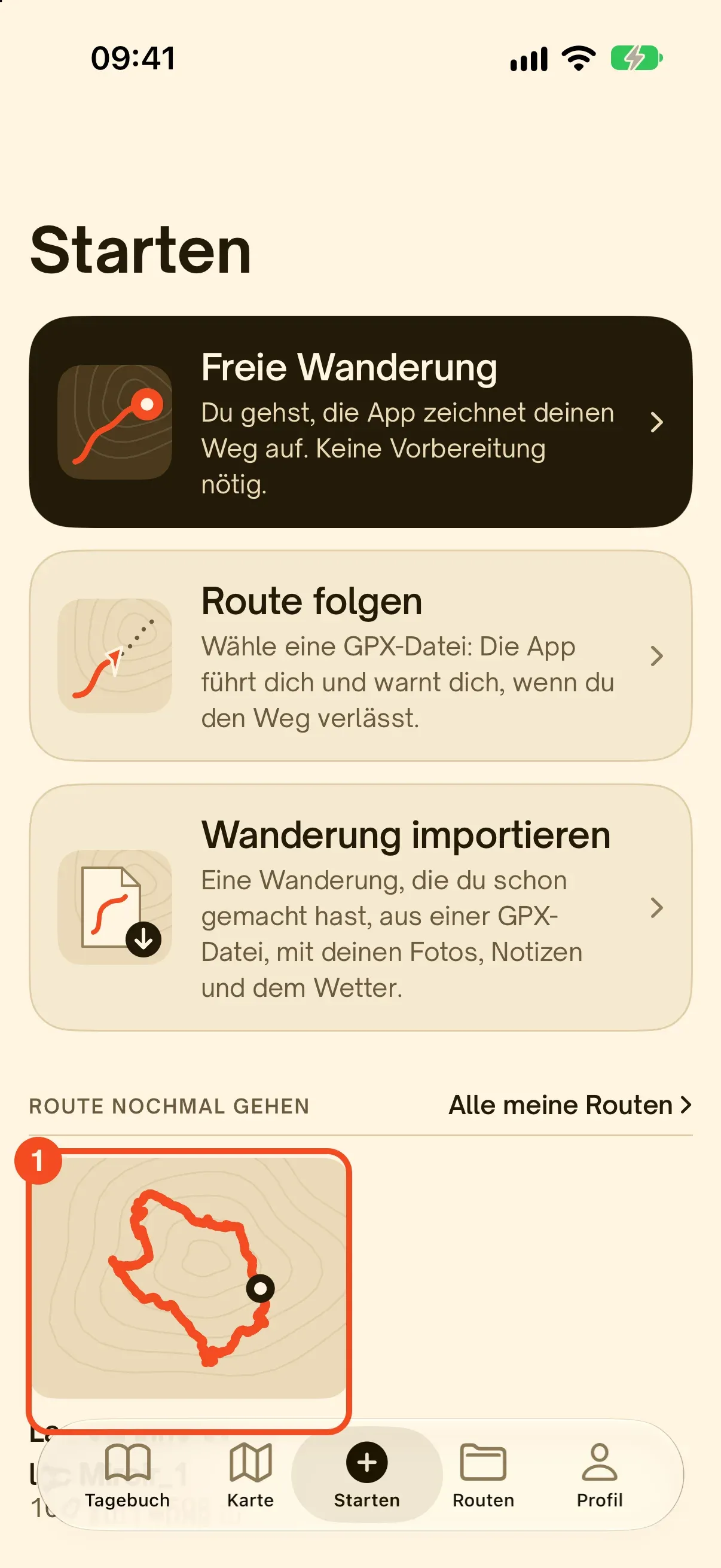 Der Tab Starten in Hikez mit dem Abschnitt Route nochmal gehen und der umkreisten importierten Route