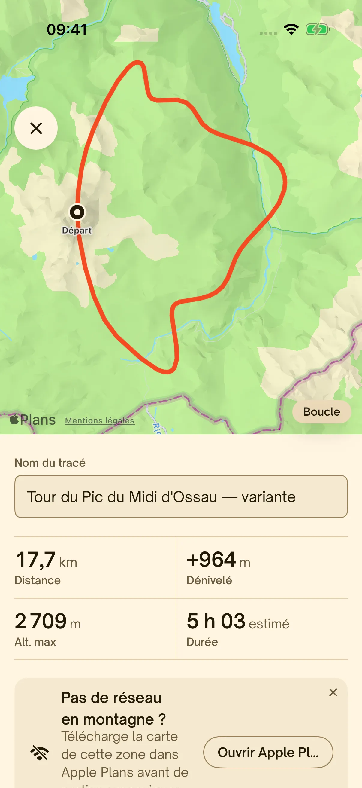 Navigation sur un tracé GPX avec distance, dénivelé et durée estimée