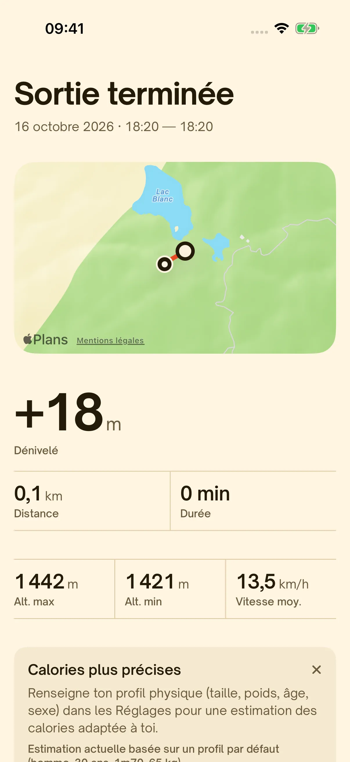 Le résumé d'une sortie terminée, avec la carte et le dénivelé