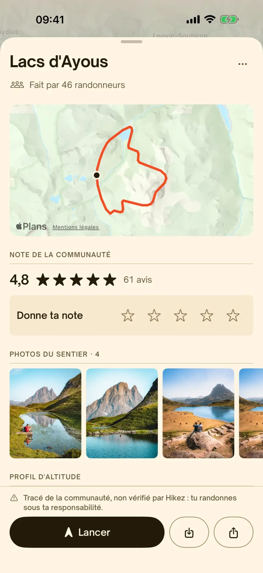 La fiche d'un tracé de la communauté : note, photos du sentier et bouton Lancer